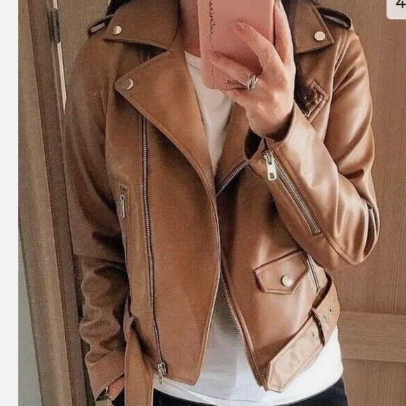 Zara bloggers favourite Women Faux Leather Biker Jacket Light Camel Size L - Picture 7 of 15